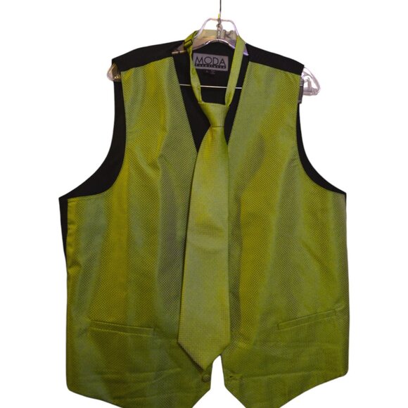 MODA Formal Wear Vest & Tie Green Black Back Polyester Fabric Buttons Men's L - Picture 1 of 11